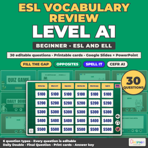 ESL Vocabulary Review Game A1, Beginner Vocabulary Quiz Game for ESL and ELL, Google Slides and PowerPoint