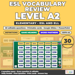 ESL Vocabulary Review Game A2, Elementary Vocabulary Quiz Game for ESL and ELL, Google Slides and PowerPoint