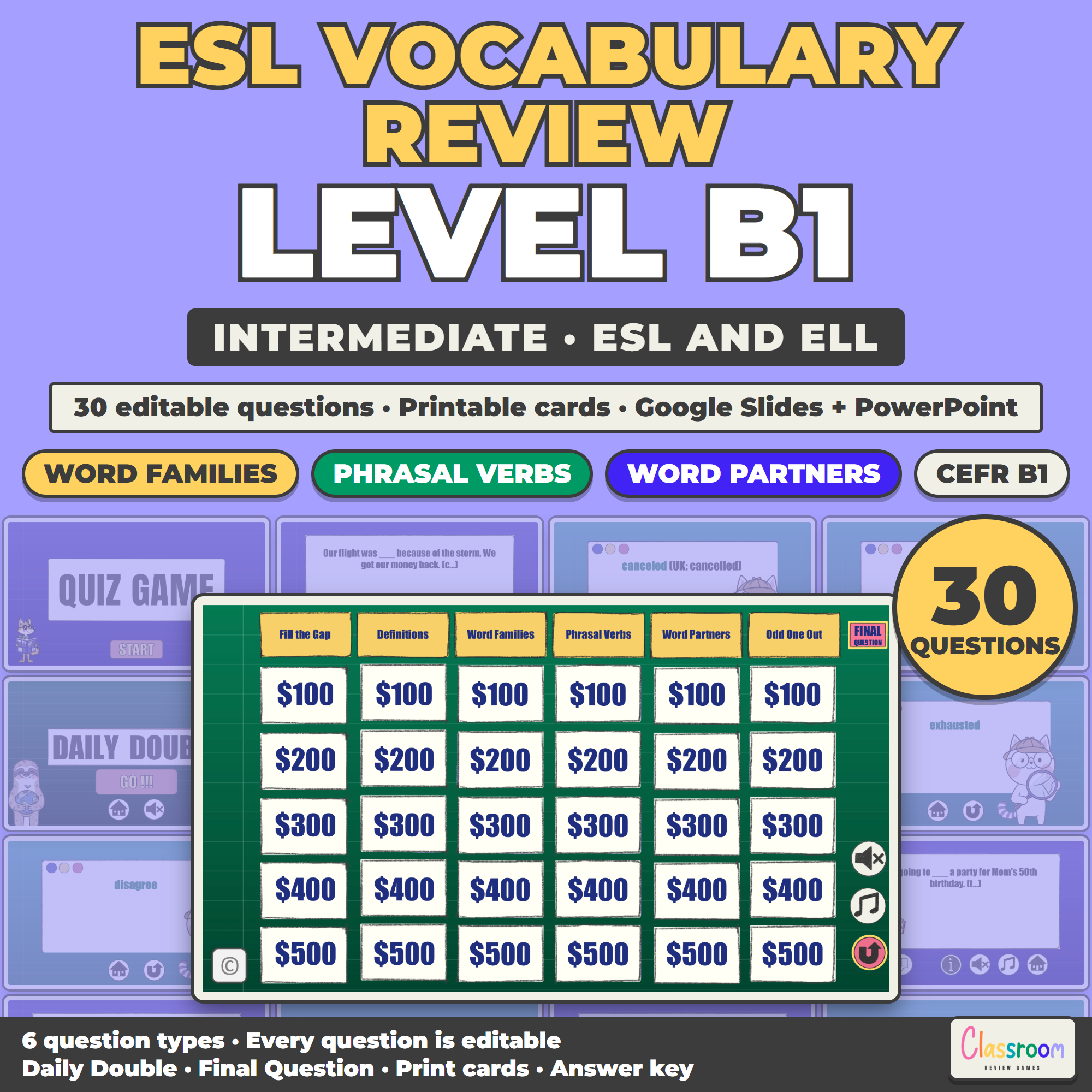ESL Vocabulary Review Game B1, Intermediate Vocabulary Quiz Game for ESL and ELL, Google Slides and PowerPoint