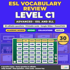 ESL Vocabulary Review Game C1, Advanced Vocabulary Quiz Game for ESL and ELL, Google Slides and PowerPoint