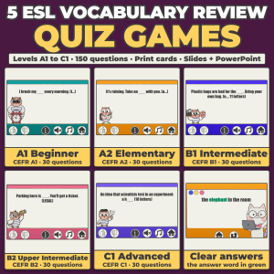 5 ESL Vocabulary Review Quiz Games, A1 to C1: Level Bundle for ESL and ELL, 150 Questions with Printable Cards, Google Slides and PowerPoint