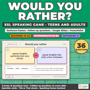 ESL Would You Rather Game, Speaking Activity for Beginner to Advanced Teens and Adults, Google Slides, PowerPoint and Printables