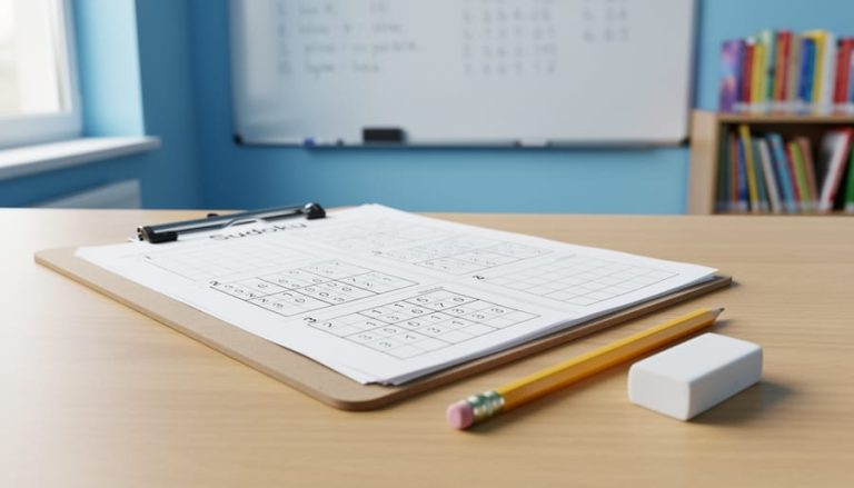 Four printed Sudoku puzzle worksheets on a clipboard on a classroom desk with a pencil and eraser, photographed from above at an angle.