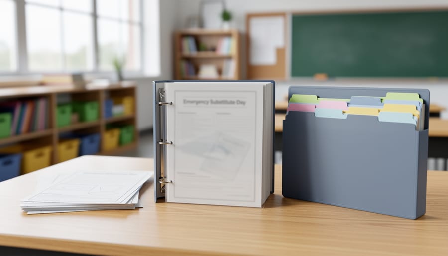 “Emergency substitute day pack binder and stacked worksheet pages organized on a classroom desk with a blurred classroom background.”