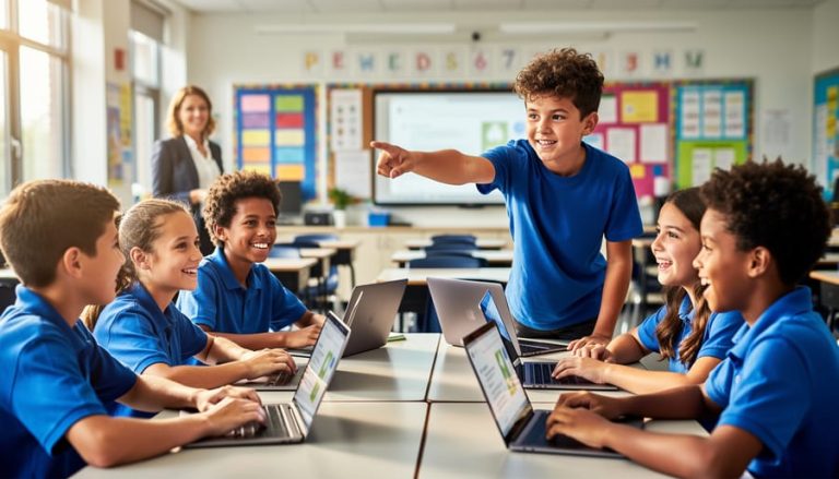 Diverse students in a classroom using laptops and tablets together during an interactive review game, with a teacher supervising in the background.