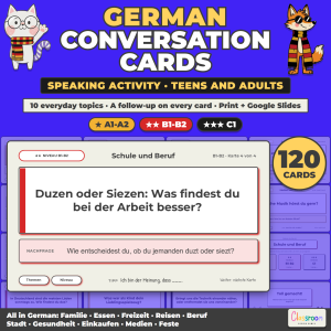 German Conversation Cards, Speaking Activity for A1 to C1 Teens and Adults, 120 Printable Cards and Google Slides