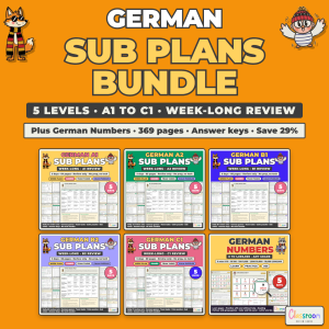 German Sub Plans Bundle, Levels A1 to C1, Week Long Emergency Sub Plans for Every German Class, plus German Numbers Worksheets 0 to 1,000,000, No Prep, 369 Pages
