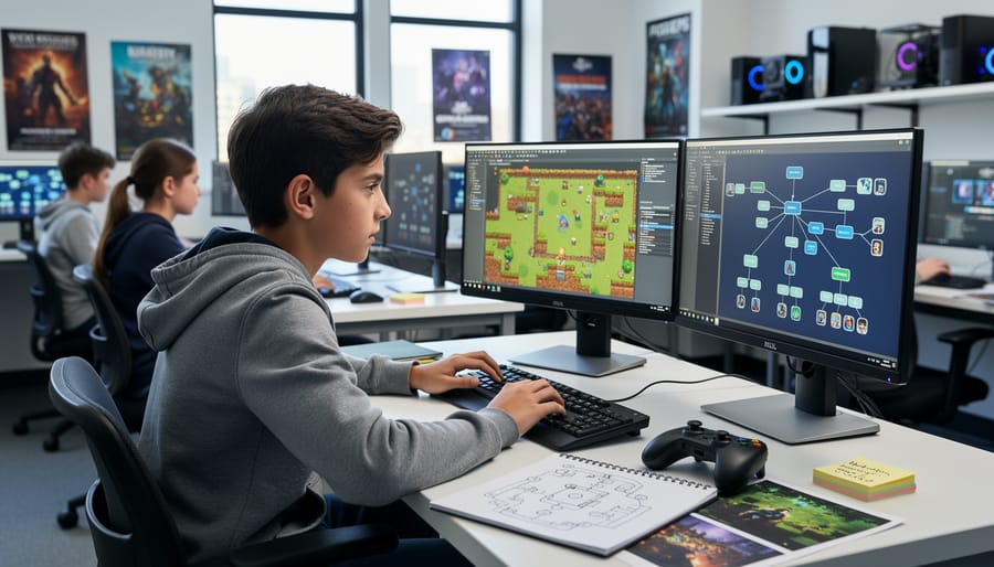 Student at a laptop placing coins and colorful game tokens while creating a game