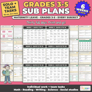 Grades 3 to 5 Maternity Leave Sub Plans, 6 Weeks, 3rd 4th 5th Grade, Every Subject, 30 Days, Long Term Sub Plans, No Prep, 732 Pages