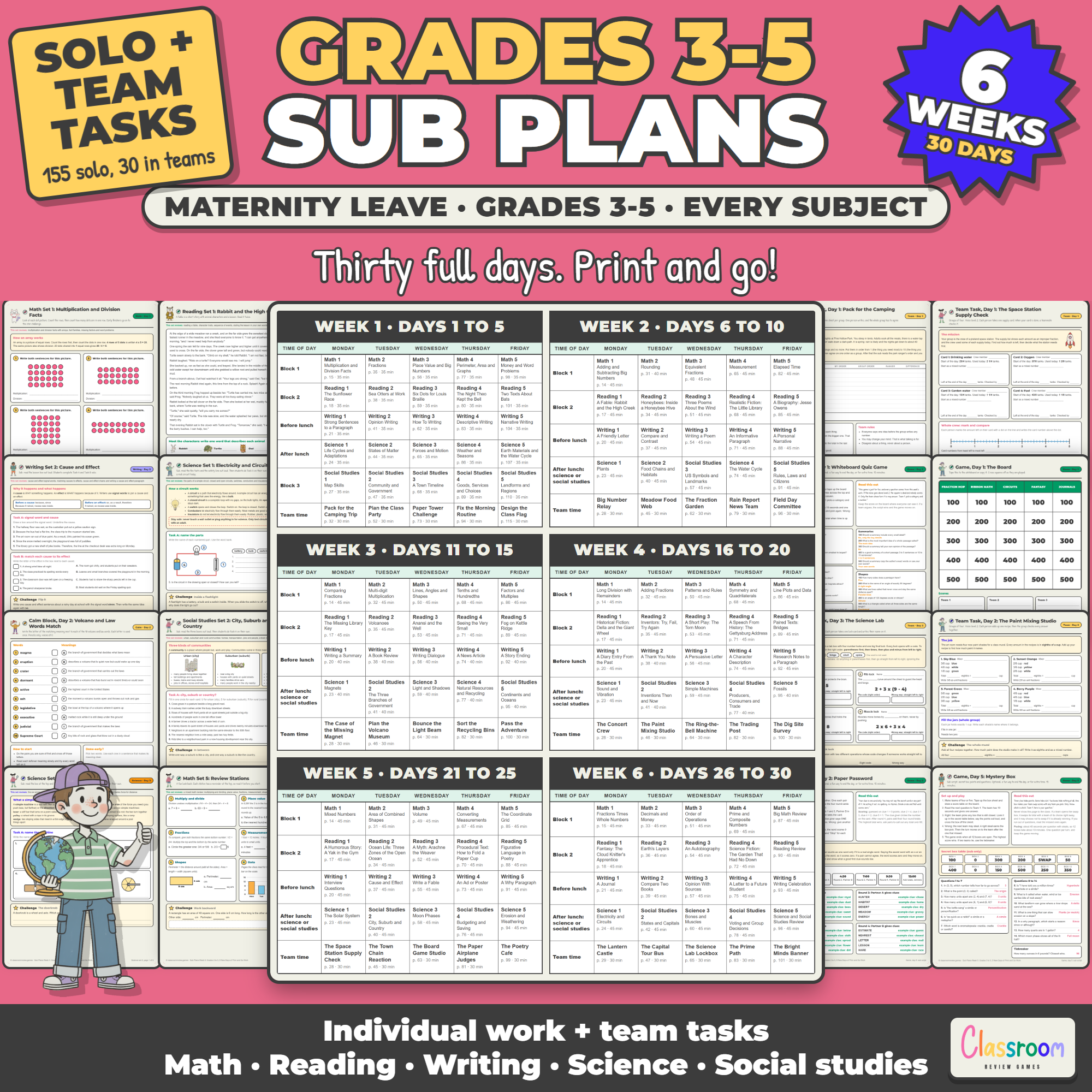 Grades 3 to 5 Maternity Leave Sub Plans, 6 Weeks, 3rd 4th 5th Grade, Every Subject, 30 Days, Long Term Sub Plans, No Prep, 732 Pages