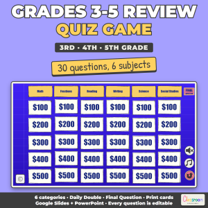 Grades 3 to 5 Review Game, 3rd 4th 5th Grade Quiz Game, Math, Reading, Writing, Science, Google Slides and PowerPoint