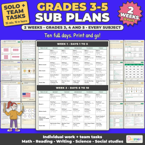 Grades 3 to 5 Sub Plans, 2 Weeks, Long Term Sub Plans for 3rd 4th 5th Grade, Every Subject, No Prep, 251 Pages