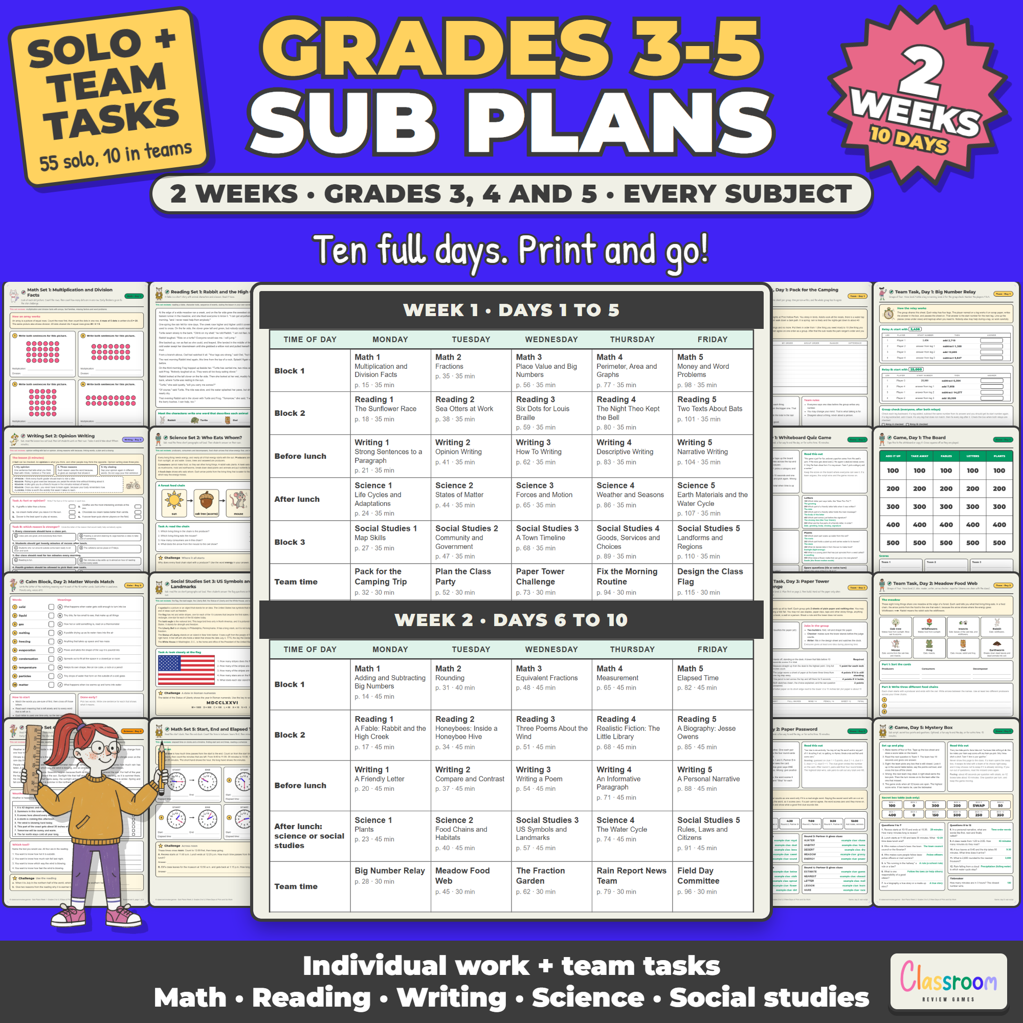 Grades 3 to 5 Sub Plans, 2 Weeks, Long Term Sub Plans for 3rd 4th 5th Grade, Every Subject, No Prep, 251 Pages