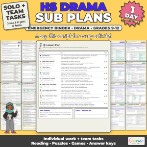 High School Drama Sub Plans, Emergency Sub Binder, Grades 9-12, 9 No Prep Activities