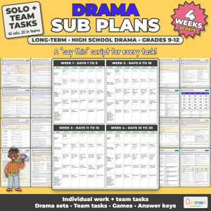 High School Drama Long Term Sub Plans, 4 Weeks, 9th 10th 11th 12th Grade Drama and Theater, 20 Days, No Prep, 260 Pages