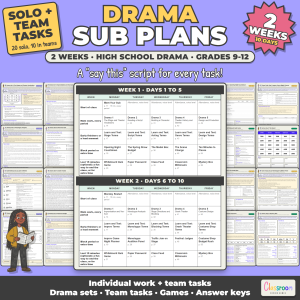 High School Drama Sub Plans, 2 Weeks, Long Term Sub Plans for 9th 10th 11th 12th Grade Drama and Theater, No Prep, 132 Pages