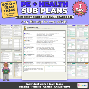 High School PE and Health Sub Plans, Emergency Sub Binder, Grades 9-12, 9 No Prep Activities