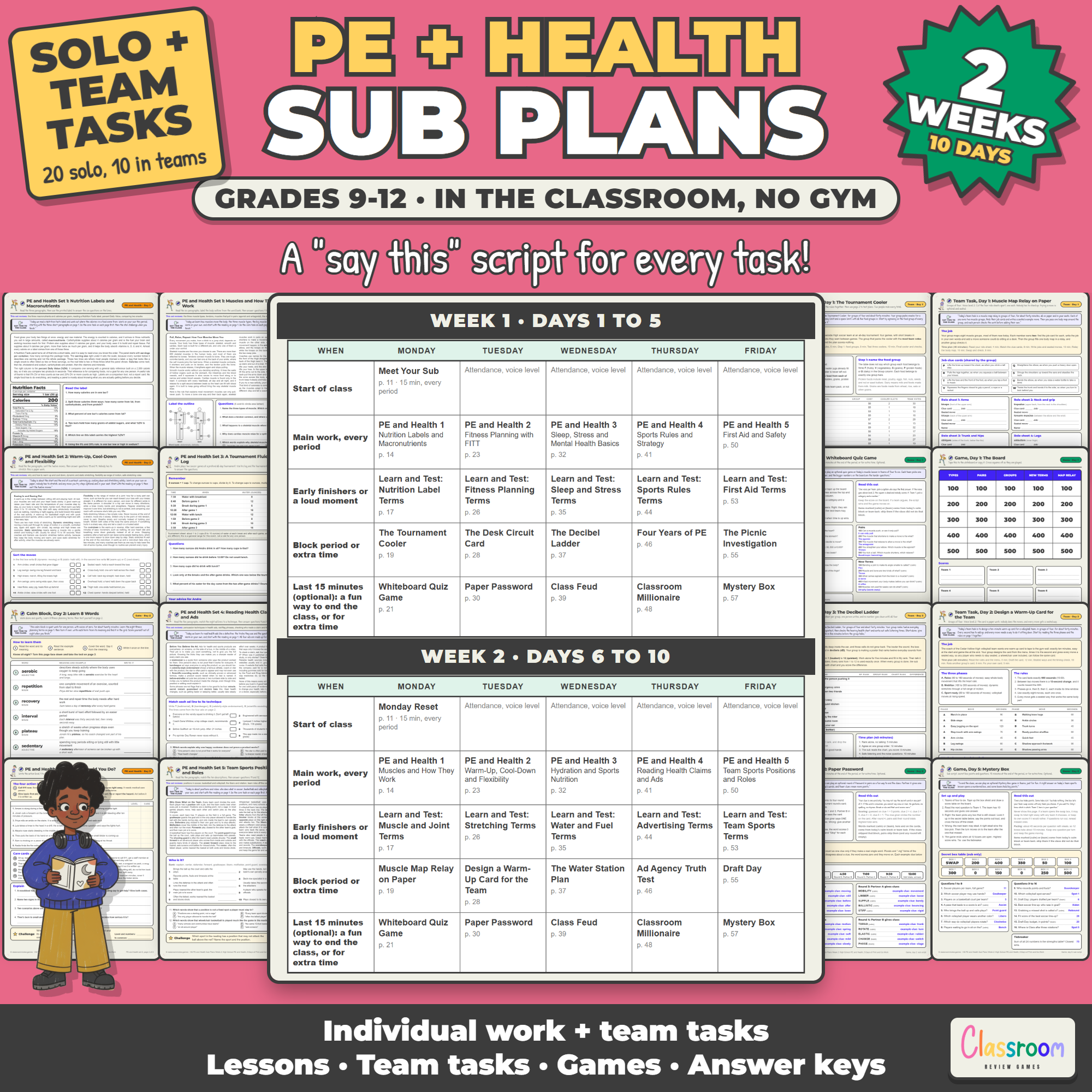 High School PE and Health Sub Plans, 2 Weeks, Long Term Sub Plans for 9th 10th 11th 12th Grade PE and Health, No Prep, 136 Pages