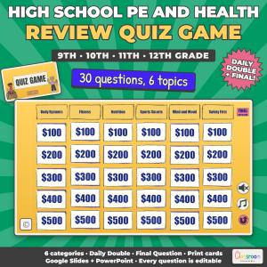 High School PE and Health Sub Plans Review Game, Quiz Game for 9th 10th 11th 12th Grade, Google Slides and PowerPoint
