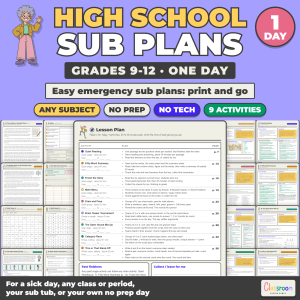 High School Sub Plans, Any Subject, Emergency Substitute Binder, 9 No Prep Activities