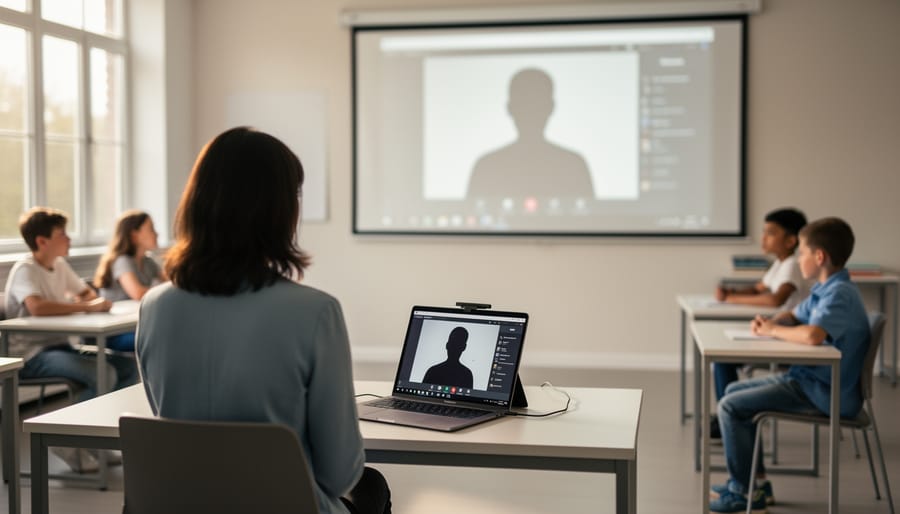 “Teacher and students in a classroom using a laptop, projector, and tablet for a live hybrid video game with remote participation.”