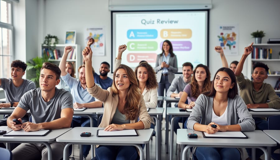 Students in a classroom taking part in a fast-paced quiz game with handheld clickers