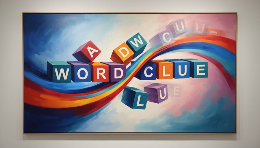 Abstract arrangement of translucent letter blocks forming a spiral pattern
