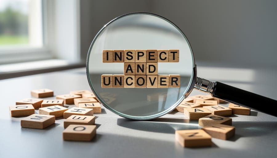 Magnifying glass over letter tiles on a tabletop with a notepad nearby