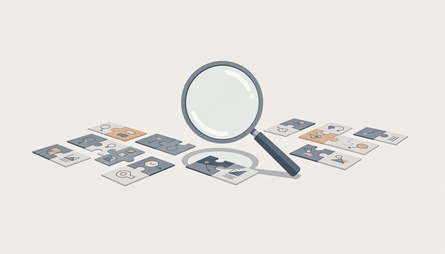 Magnifying glass over scattered puzzle cards on a classroom desk, symbolizing careful observation of visual clues.