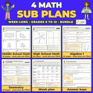 4 Math Sub Plans Bundle, Grades 6 to 12, Week Long Emergency Sub Plans Kits for Middle and High School, No Prep, 255 Pages