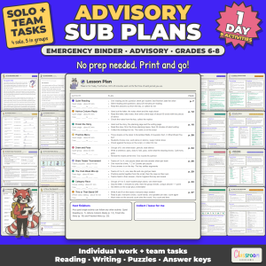 Middle School Advisory Sub Plans, Emergency Sub Binder, Grades 6-8, SEL, 9 No Prep Activities