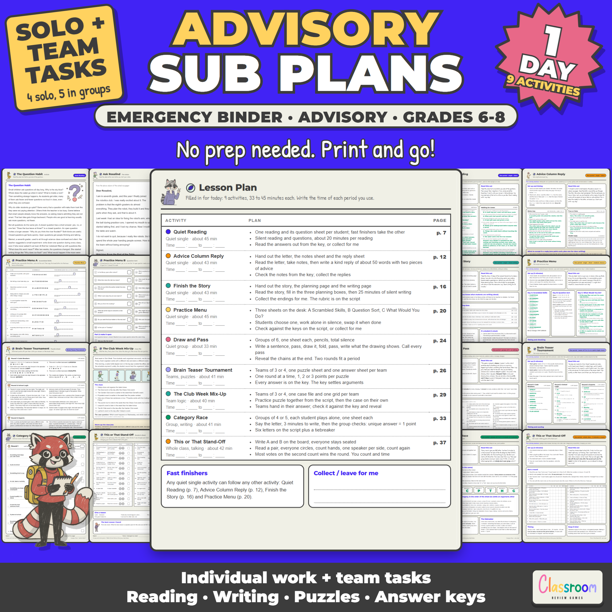 Middle School Advisory Sub Plans, Emergency Sub Binder, Grades 6-8, SEL, 9 No Prep Activities