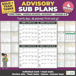 Middle School Advisory Long Term Sub Plans, 4 Weeks, Grades 6-8, 20 Days of SEL Lessons, No Prep, 272 Pages