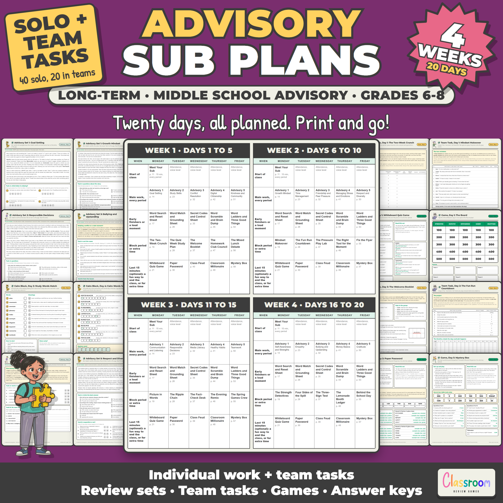 Middle School Advisory Long Term Sub Plans, 4 Weeks, Grades 6-8, 20 Days of SEL Lessons, No Prep, 272 Pages