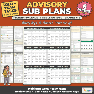 Middle School Advisory Maternity Leave Sub Plans, 6 Weeks, Grades 6-8, 30 Days of SEL Lessons, Long Term Sub Plans, No Prep, 408 Pages