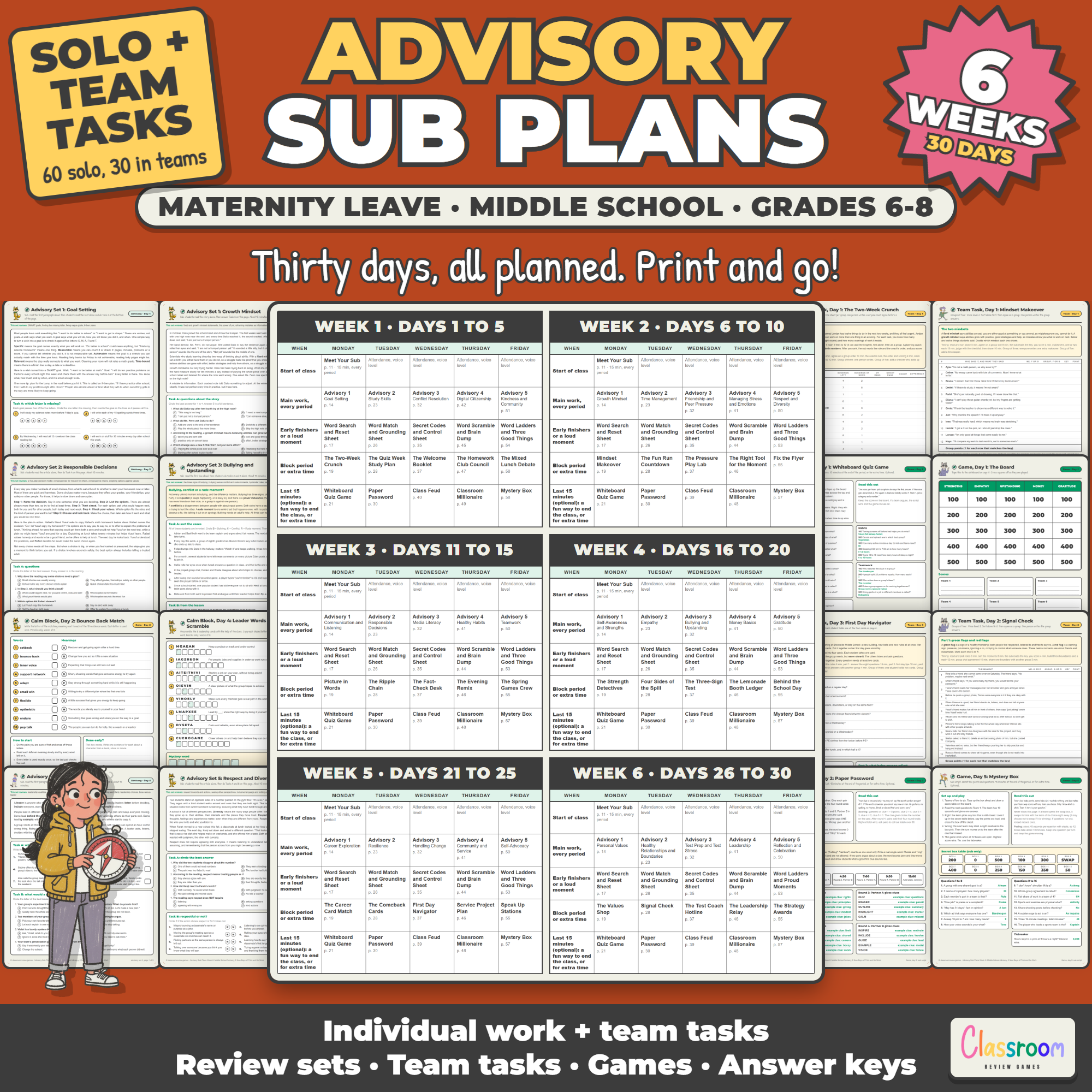 Middle School Advisory Maternity Leave Sub Plans, 6 Weeks, Grades 6-8, 30 Days of SEL Lessons, Long Term Sub Plans, No Prep, 408 Pages