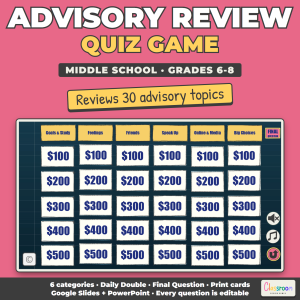 Middle School Advisory Review Game, SEL Quiz Game for Grades 6-8, Google Slides and PowerPoint
