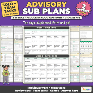 Middle School Advisory Sub Plans, 2 Weeks, Long Term Sub Plans for Grades 6-8, SEL Lessons, No Prep, 136 Pages