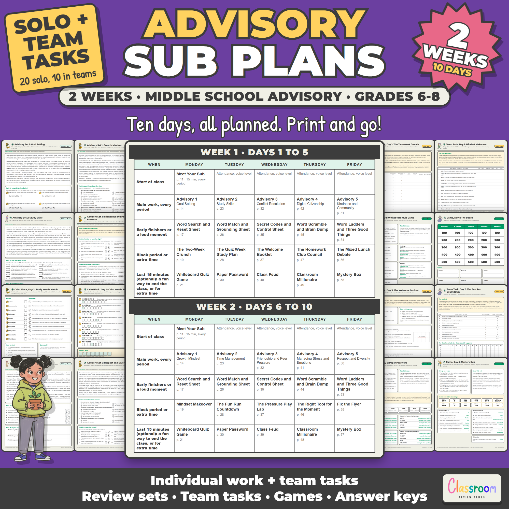 Middle School Advisory Sub Plans, 2 Weeks, Long Term Sub Plans for Grades 6-8, SEL Lessons, No Prep, 136 Pages
