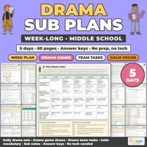 Middle School Drama Sub Plans, Week Long Emergency Sub Plans, No Prep, 5 Days, 60 Pages