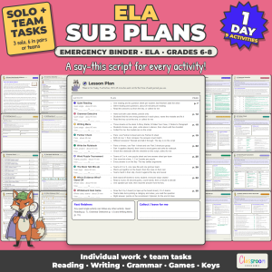 Middle School ELA Sub Plans, Emergency Sub Binder, Grades 6-8, 9 No Prep Activities