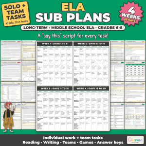 Middle School ELA Long Term Sub Plans, 4 Weeks, 6th 7th 8th Grade ELA, 20 Days, No Prep, 368 Pages