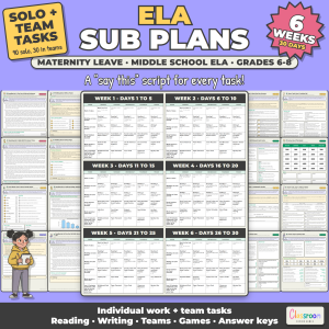 Middle School ELA Maternity Leave Sub Plans, 6 Weeks, 6th 7th 8th Grade ELA, 30 Days, Long Term Sub Plans, No Prep, 554 Pages