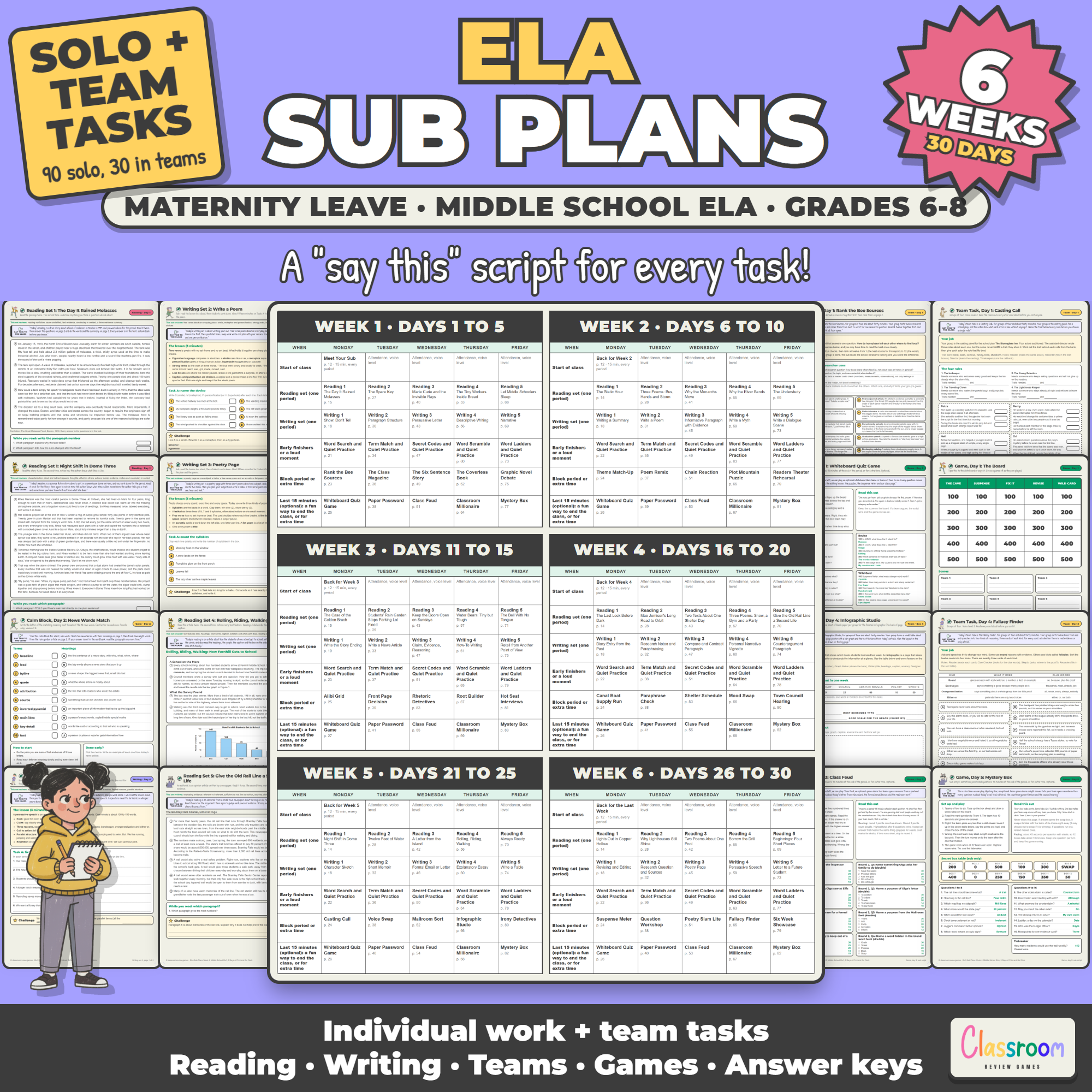 Middle School ELA Maternity Leave Sub Plans, 6 Weeks, 6th 7th 8th Grade ELA, 30 Days, Long Term Sub Plans, No Prep, 554 Pages