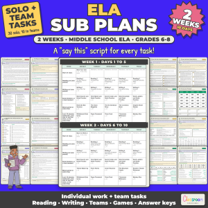 Middle School ELA Sub Plans, 2 Weeks, Long Term Sub Plans for 6th 7th 8th Grade ELA, No Prep, 181 Pages