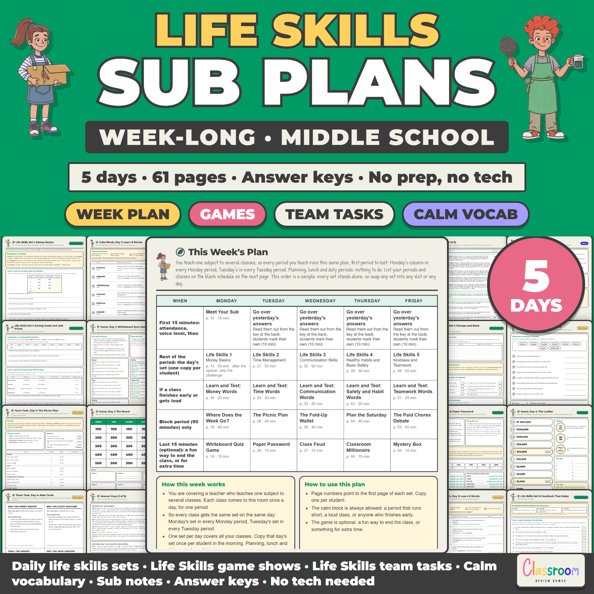 Middle School Life Skills Sub Plans, Week Long Emergency Sub Plans, No Prep, 5 Days, 61 Pages