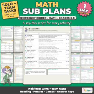 Middle School Math Sub Plans, Emergency Sub Binder, Grades 6-8, 9 No Prep Activities