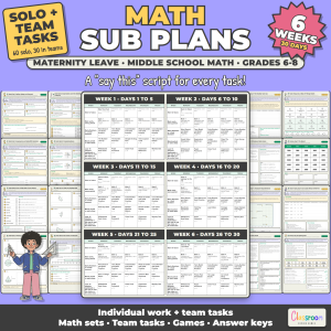 Middle School Math Maternity Leave Sub Plans, 6 Weeks, 6th 7th 8th Grade Math, 30 Days, Long Term Sub Plans, No Prep, 390 Pages