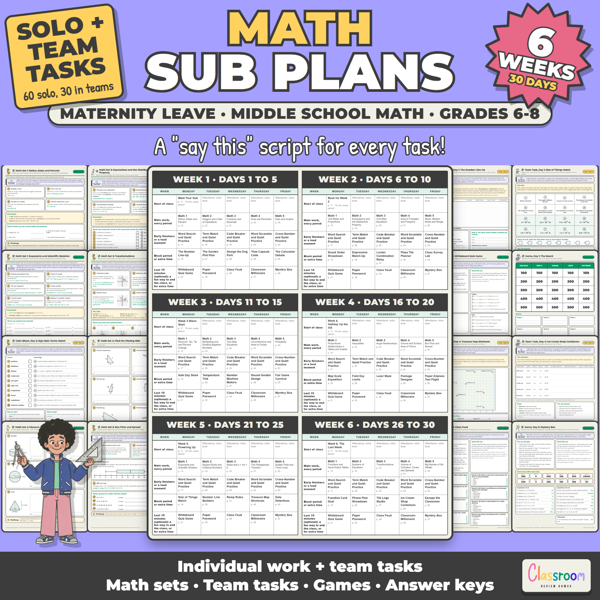 Middle School Math Maternity Leave Sub Plans, 6 Weeks, 6th 7th 8th Grade Math, 30 Days, Long Term Sub Plans, No Prep, 390 Pages