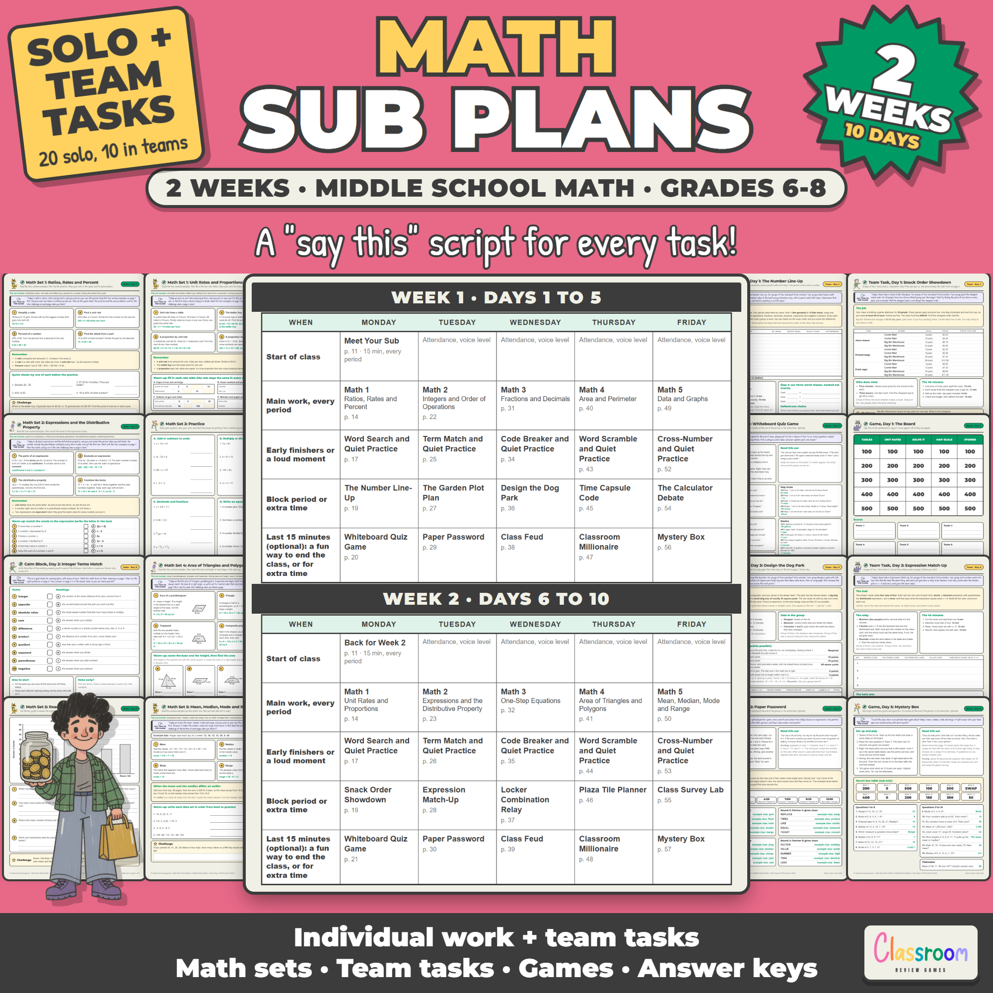 Middle School Math Sub Plans, 2 Weeks, Long Term Sub Plans for 6th 7th 8th Grade Math, No Prep, 130 Pages